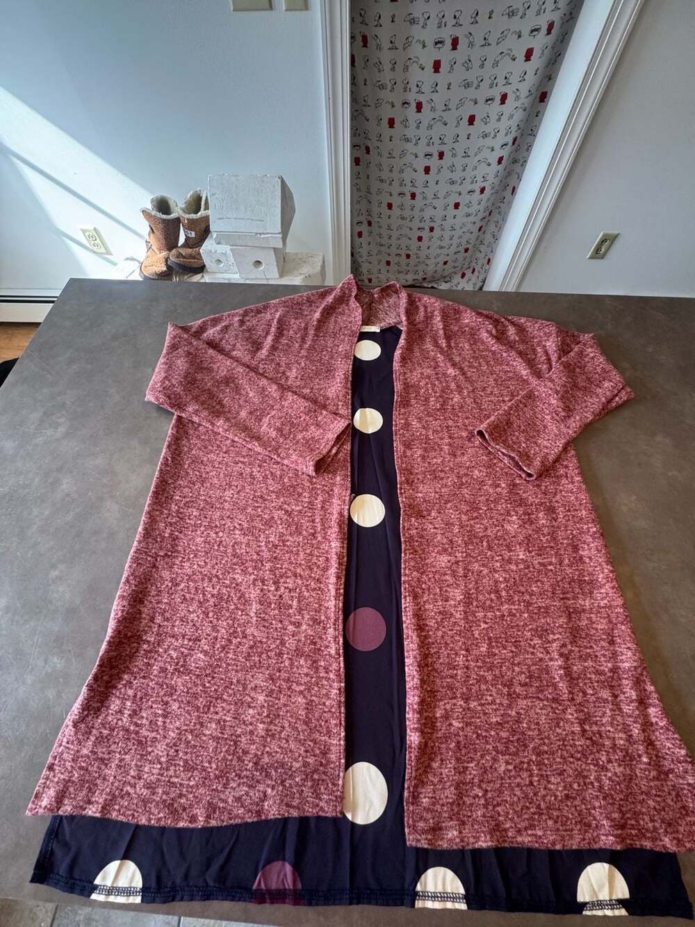 ODDY Maroon and Navy Polka Dot Long Sleeve Duster Cardigan Dress, Size Large